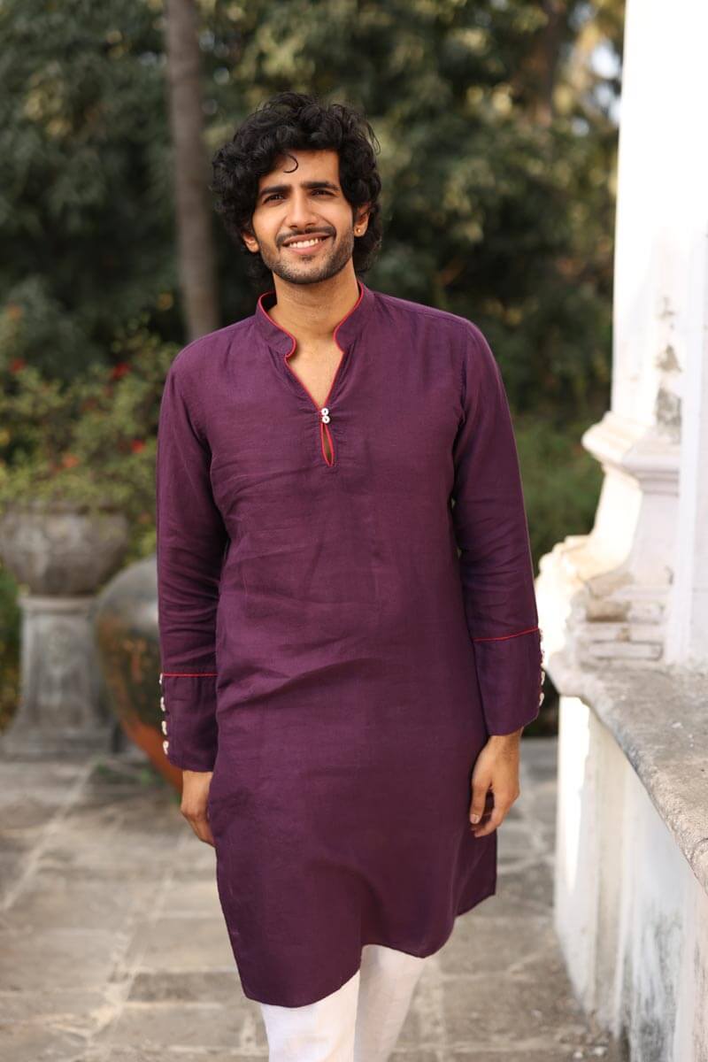 Purple Piping Kurta Set | Linen Kurta for Men