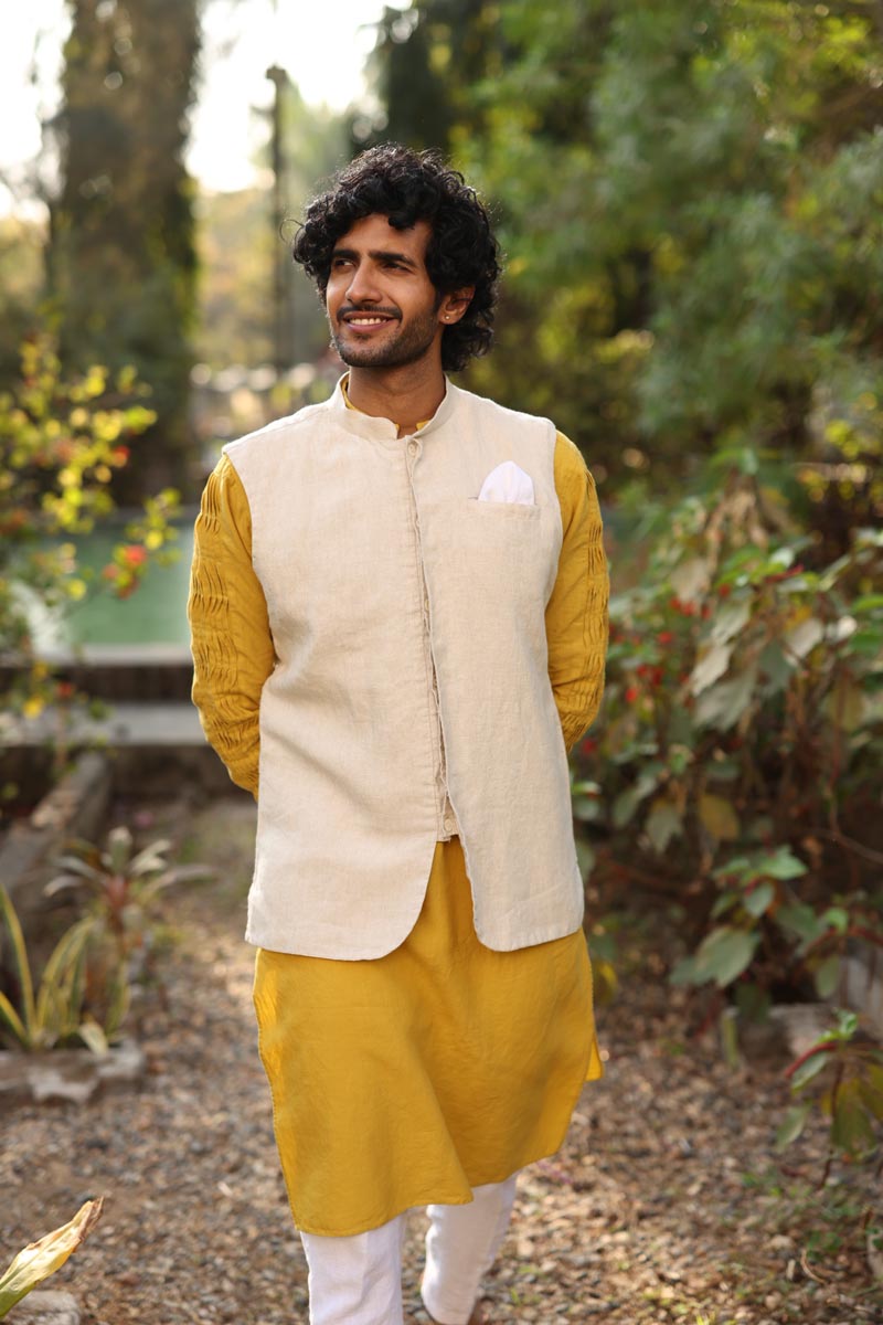 Mustard Yellow Kurta & Jacket Set - Linen Kurta Jacket  for men