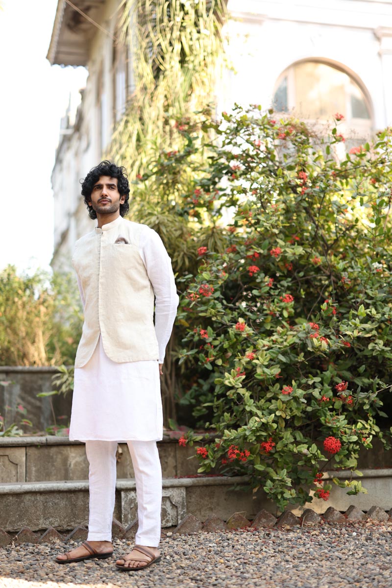 White Kurta & Jacket Set | Linen Kurta Jacket for men