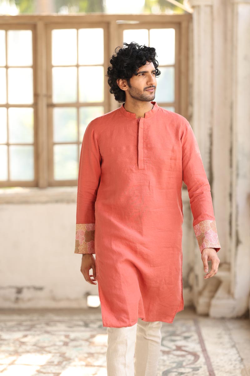 Dusty Orange Hand Embroidered Kurta Set | Linen Kurta set for Men