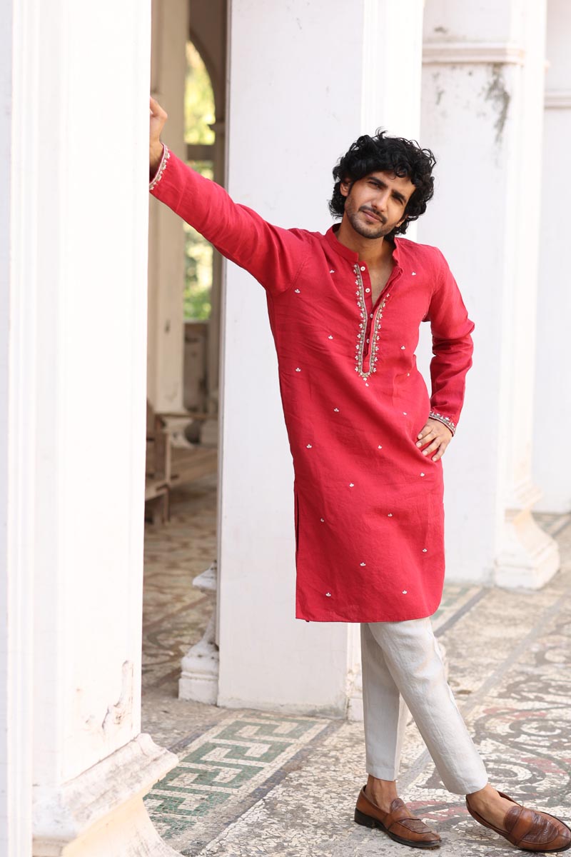 Crimson Hand Embroidered Kurta Set | linen kurta sets for men
