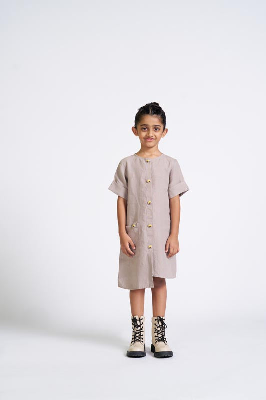 Almond Beige Buttoned Embroidered Dress - Chi Linen