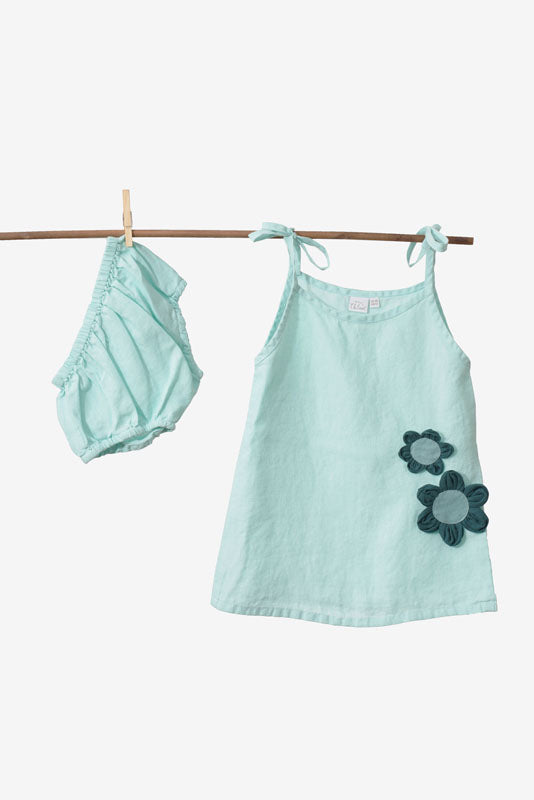 Celestial Green Tie-Up Shoulder Flower Frock - Chi Linen
