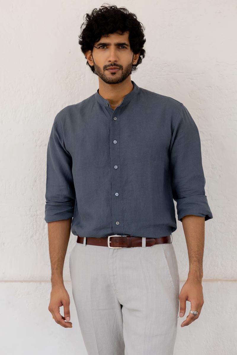 Mandarin Collar Faded Indigo Shirt