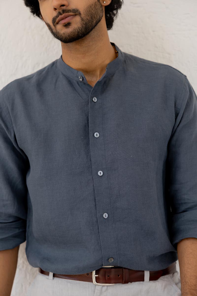 Mandarin Collar Faded Indigo Shirt