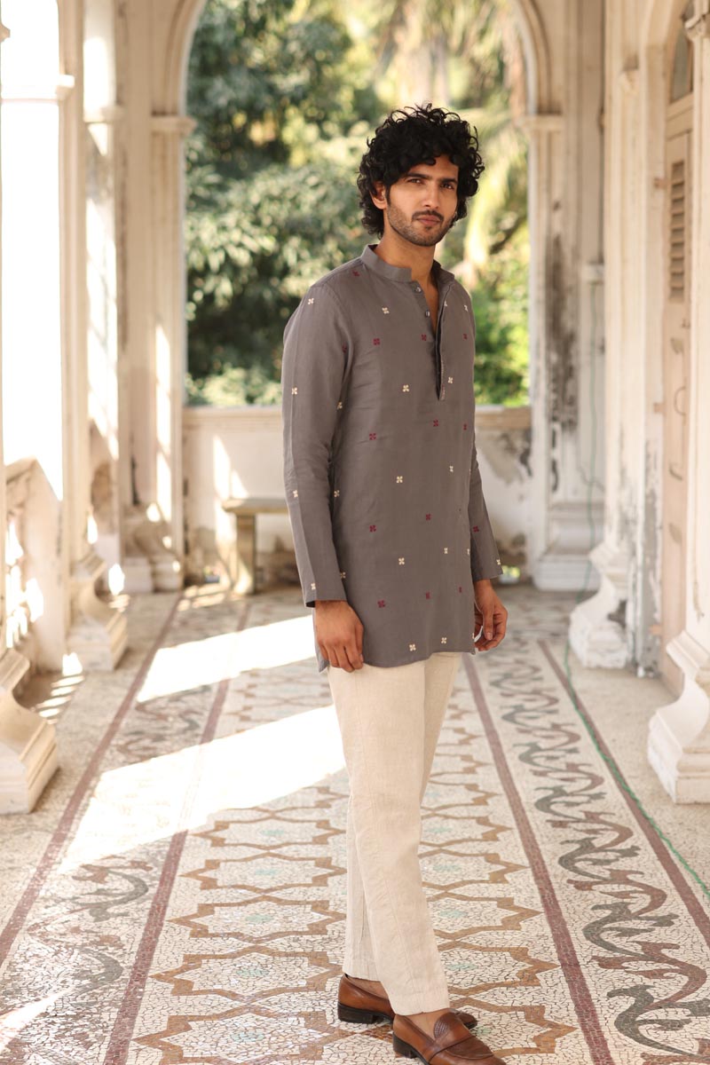 Grey Hand-Embroidered Short Kurta Set | Linen Kurta set for Men