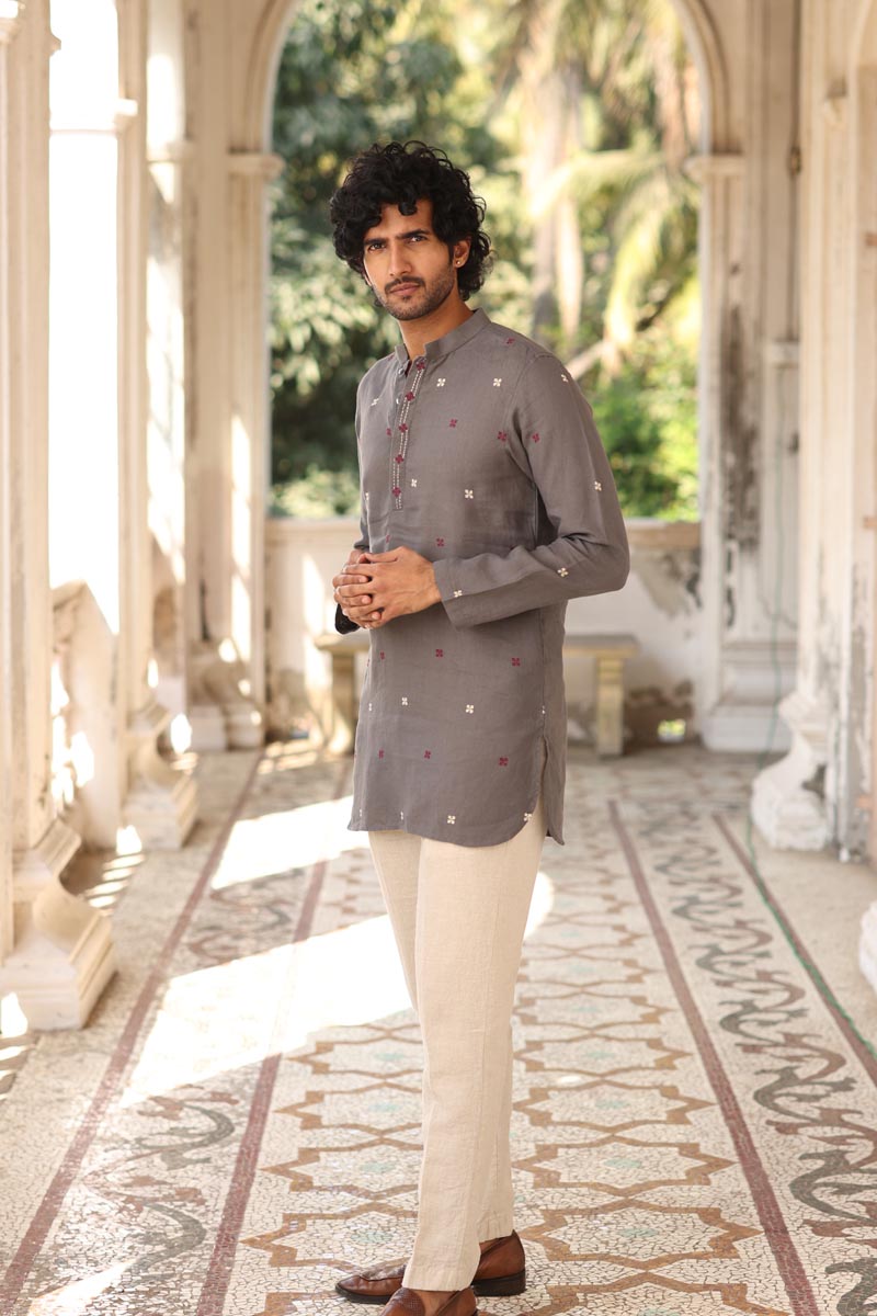 Grey Hand-Embroidered Short Kurta Set | Linen Kurta set for Men