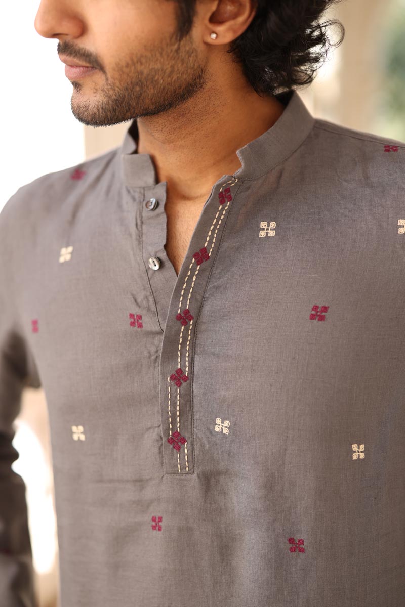 Grey Hand-Embroidered Short Kurta Set | Linen Kurta set for Men