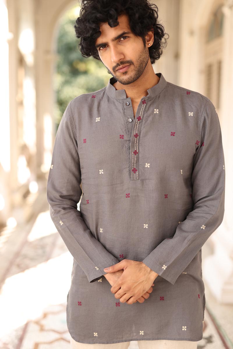 Grey Hand-Embroidered Short Kurta Set | Linen Kurta set for Men