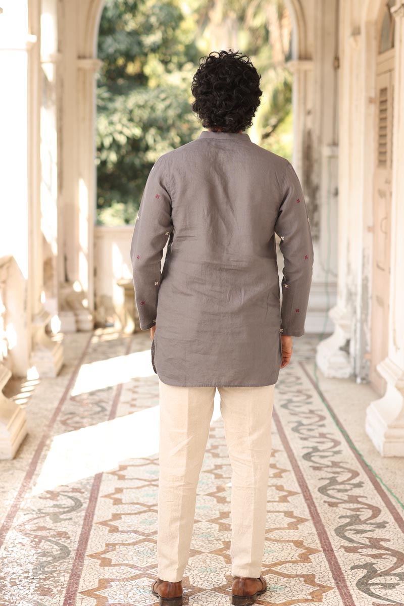 Grey Hand-Embroidered Short Kurta Set | Linen Kurta set for Men
