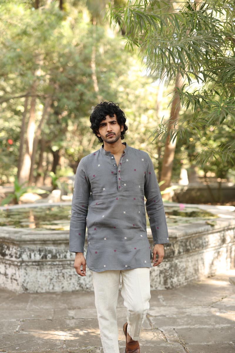 Grey Hand-Embroidered Short Kurta Set | Linen Kurta set for Men