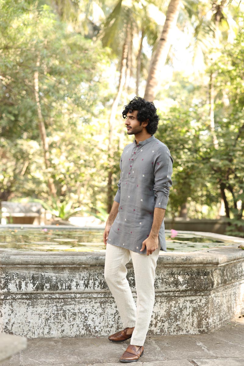 Grey Hand-Embroidered Short Kurta Set | Linen Kurta set for Men