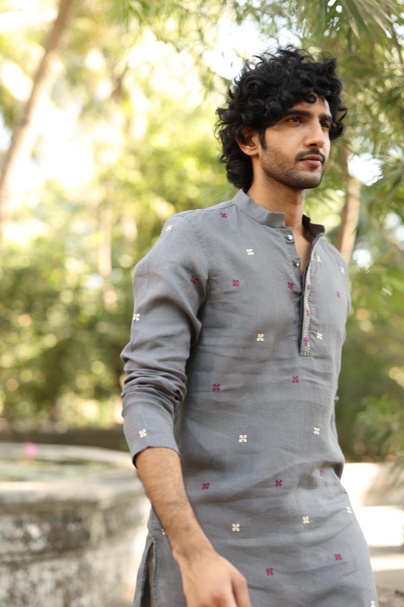 Grey Hand-Embroidered Short Kurta Set | Linen Kurta set for Men