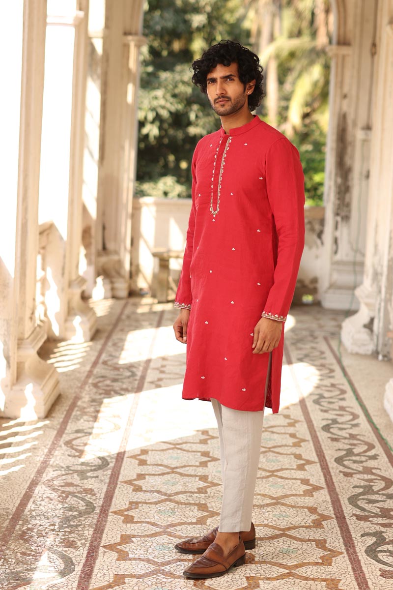 Crimson Hand Embroidered Kurta Set | linen kurta sets for men