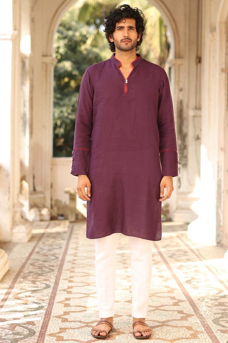 Purple Piping Kurta Set | Linen Kurta for Men