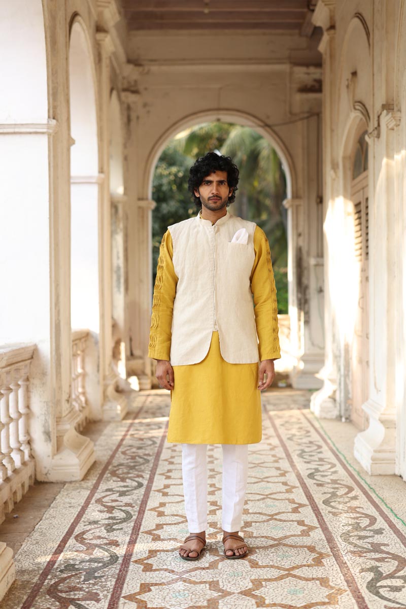 Mustard Yellow Kurta & Jacket Set | Linen Kurta Jacket  for men