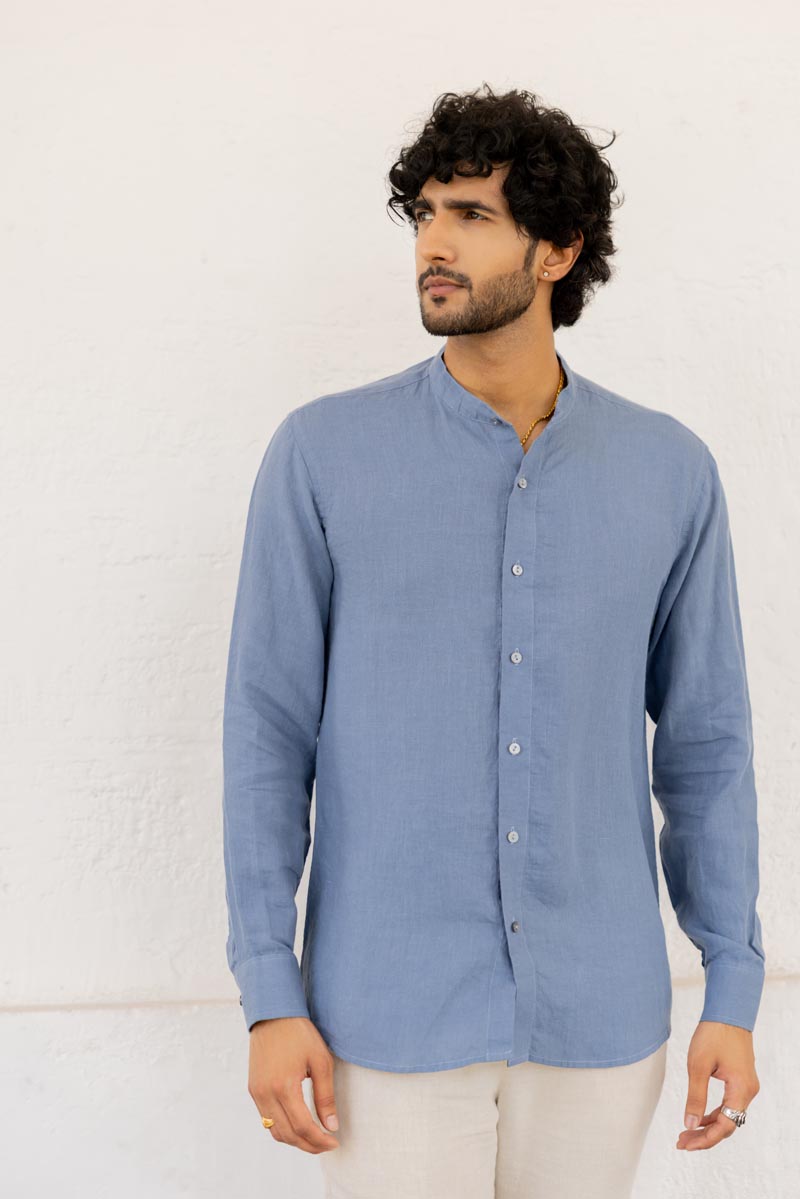 Mandarin Collar Cornflower Blue Shirt