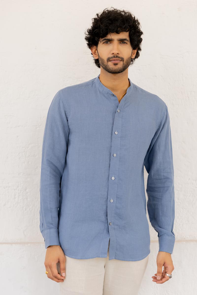 Mandarin Collar Cornflower Blue Shirt