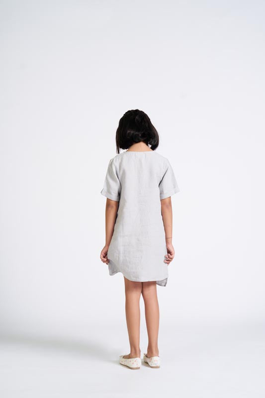 Cloud Grey Buttoned Embroidered Dress - Chi Linen