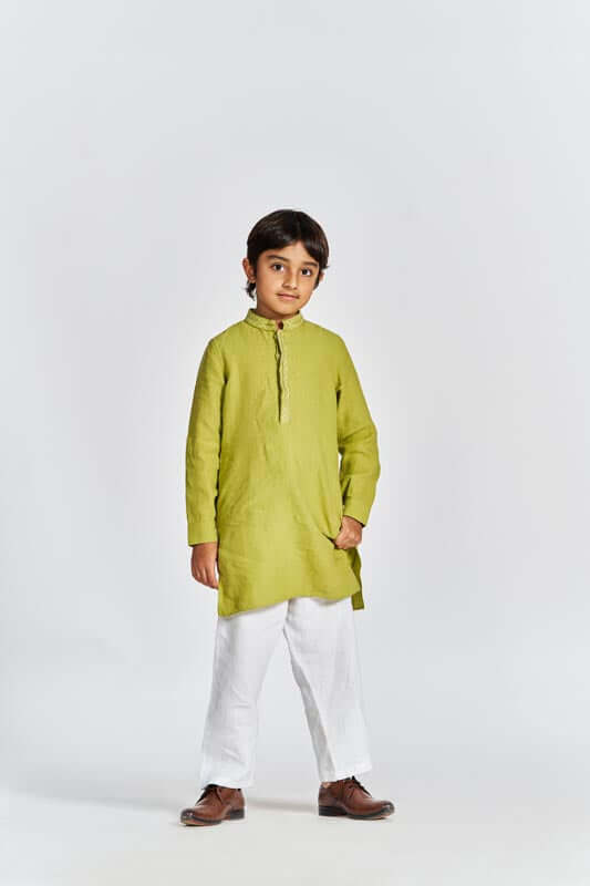 Kiwi Green Stand Collar Kurta Set - Chi Linen