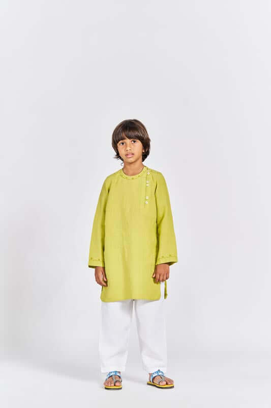 Lime Green Side Opening Kurta Set - Chi Linen