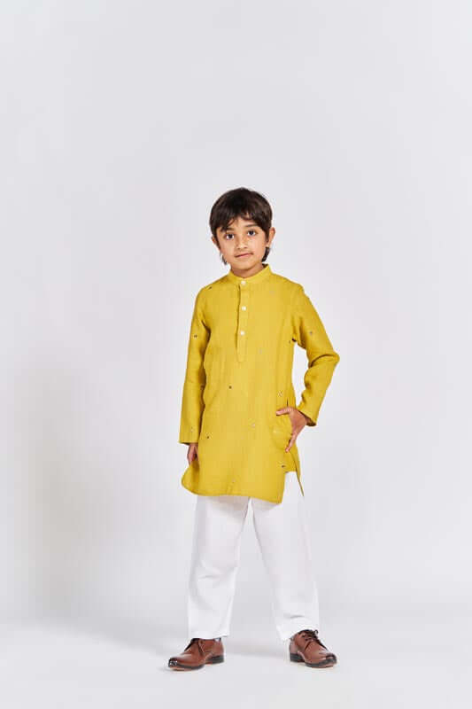 Mustard Yellow Stand Collar Kurta Set - Chi Linen
