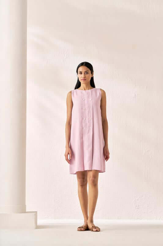 Buy Stylish linen Sleeveless Box Pleat Dress in Cameo Pink Chi Linen Buy Stylish linen Sleeveless Box Pleat Dress in Cameo Pink Chi Linen