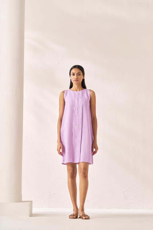 Sleeveless Box Pleat Dress Lavender - Chi Linen