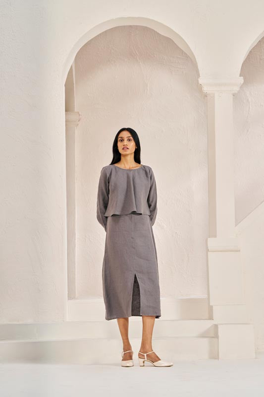2 Layer Front Slit Dress Stone Grey - Chi Linen