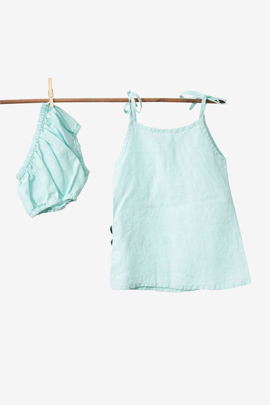 Celestial Green Tie-Up Shoulder Flower Frock - Chi Linen
