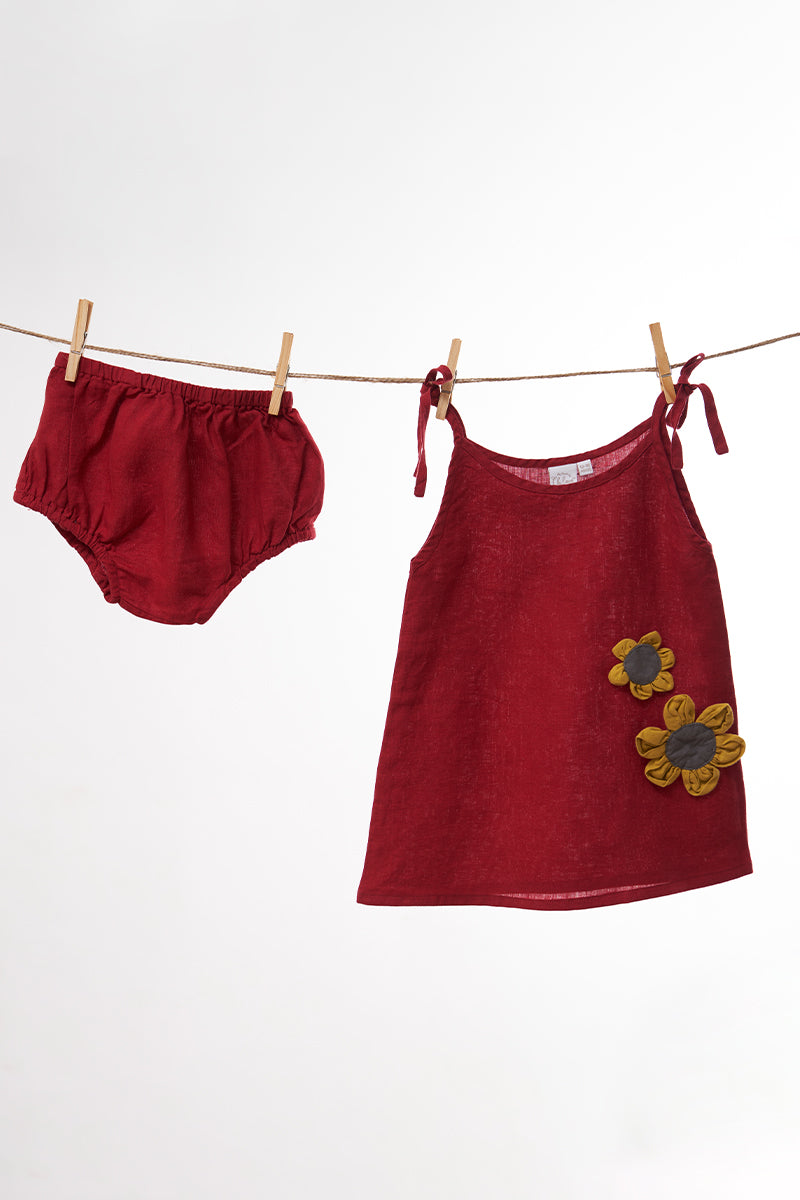 Cherry Tie-Up Shoulder Flower Frock - Chi Linen