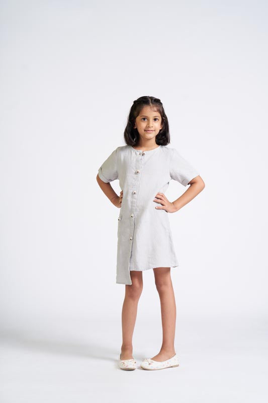 Cloud Grey Buttoned Embroidered Dress - Chi Linen
