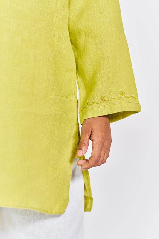Lime Green Side Opening Kurta Set - Chi Linen