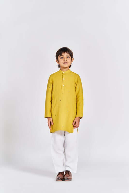 Mustard Yellow Stand Collar Kurta Set - Chi Linen