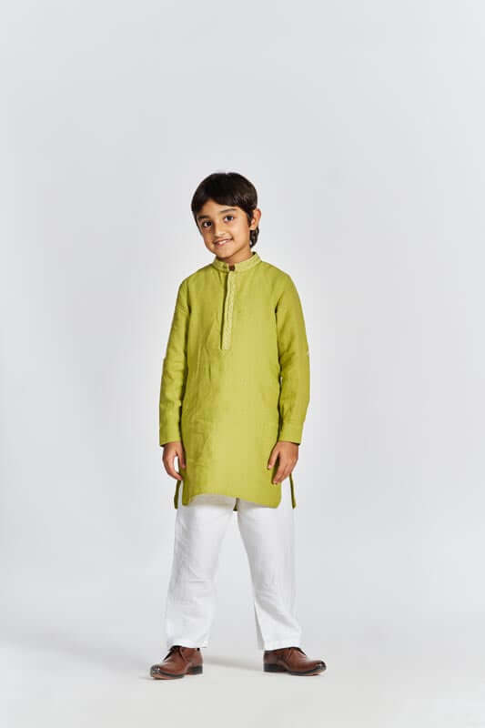 Kiwi Green Stand Collar Kurta Set - Chi Linen