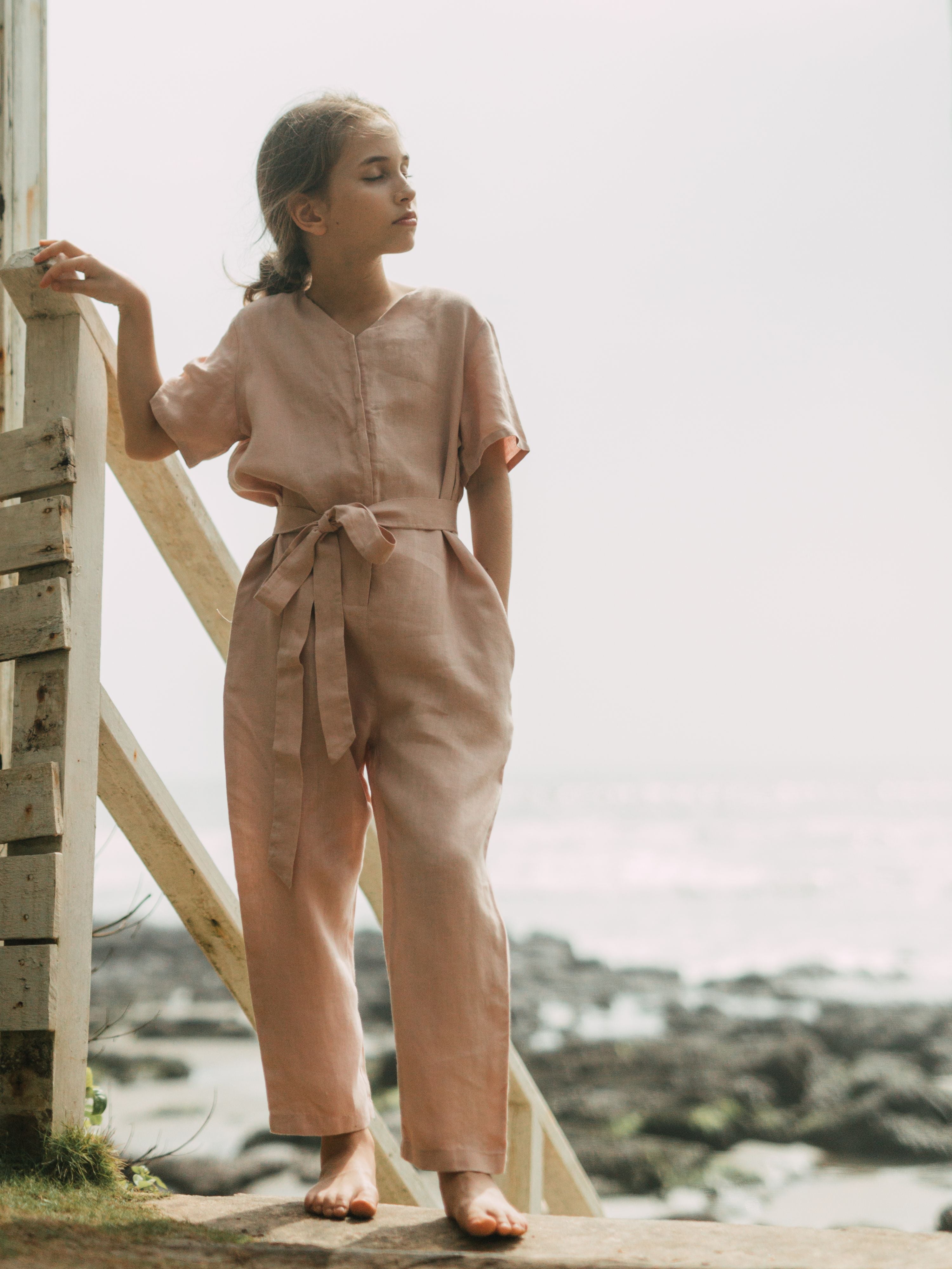 Linen jumpsuit  Short Sleeve Linen Jumpsuit for Girls - ChiLinen