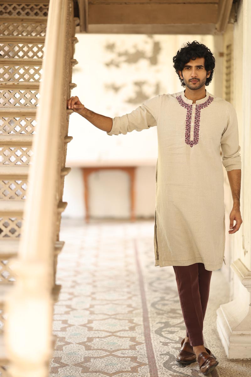 Natural Colour Placket Embroidered Kurta Set