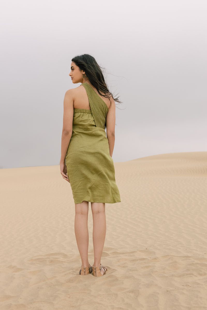 Pleated One Shoulder Dress - Chi Linen