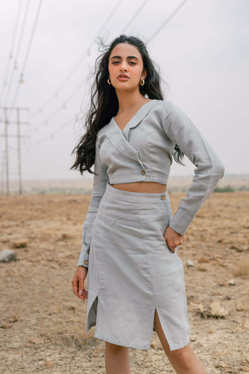 Cropped blazer with skirt co-ord set - Chi Linen