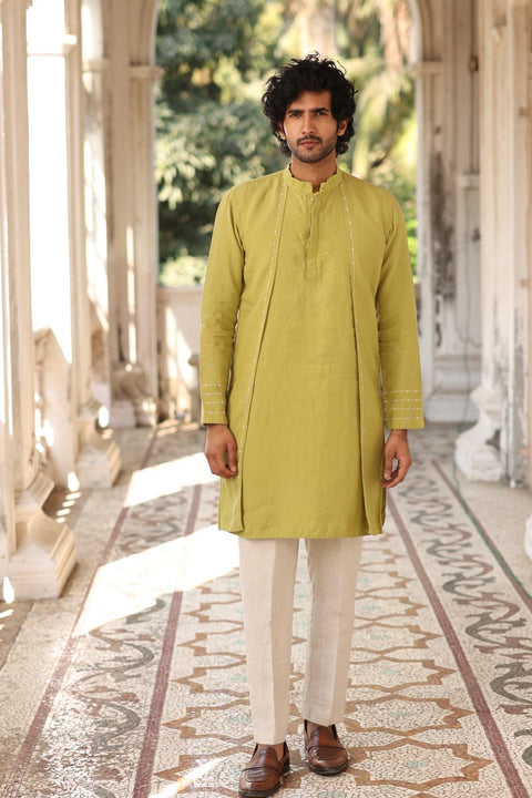 Kiwi Green Minimal Hand-Embroidered Kurta Set | Men's Linen Kurta 