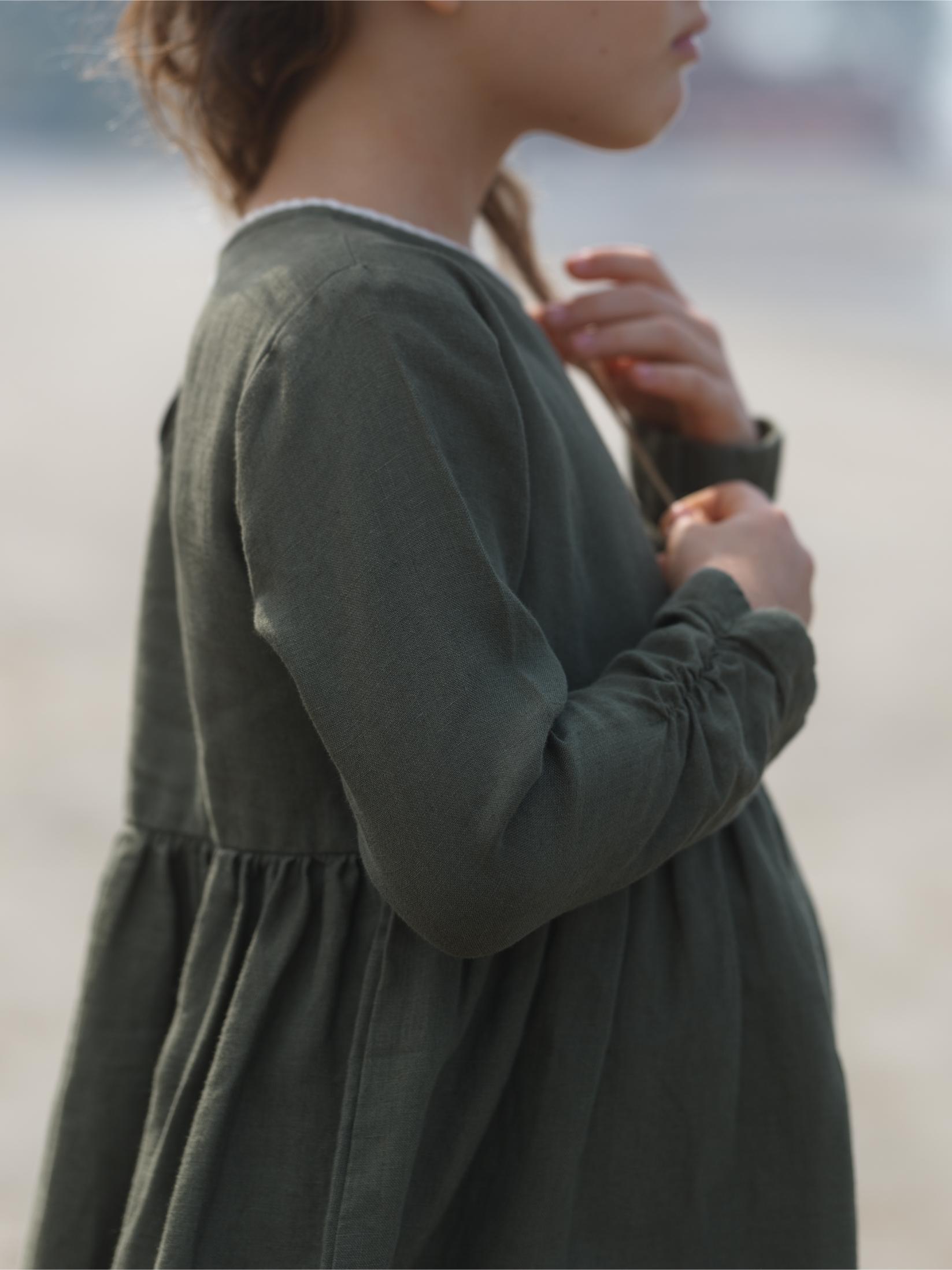 Girl Elastic Long Sleeve Dress Crocodile Green