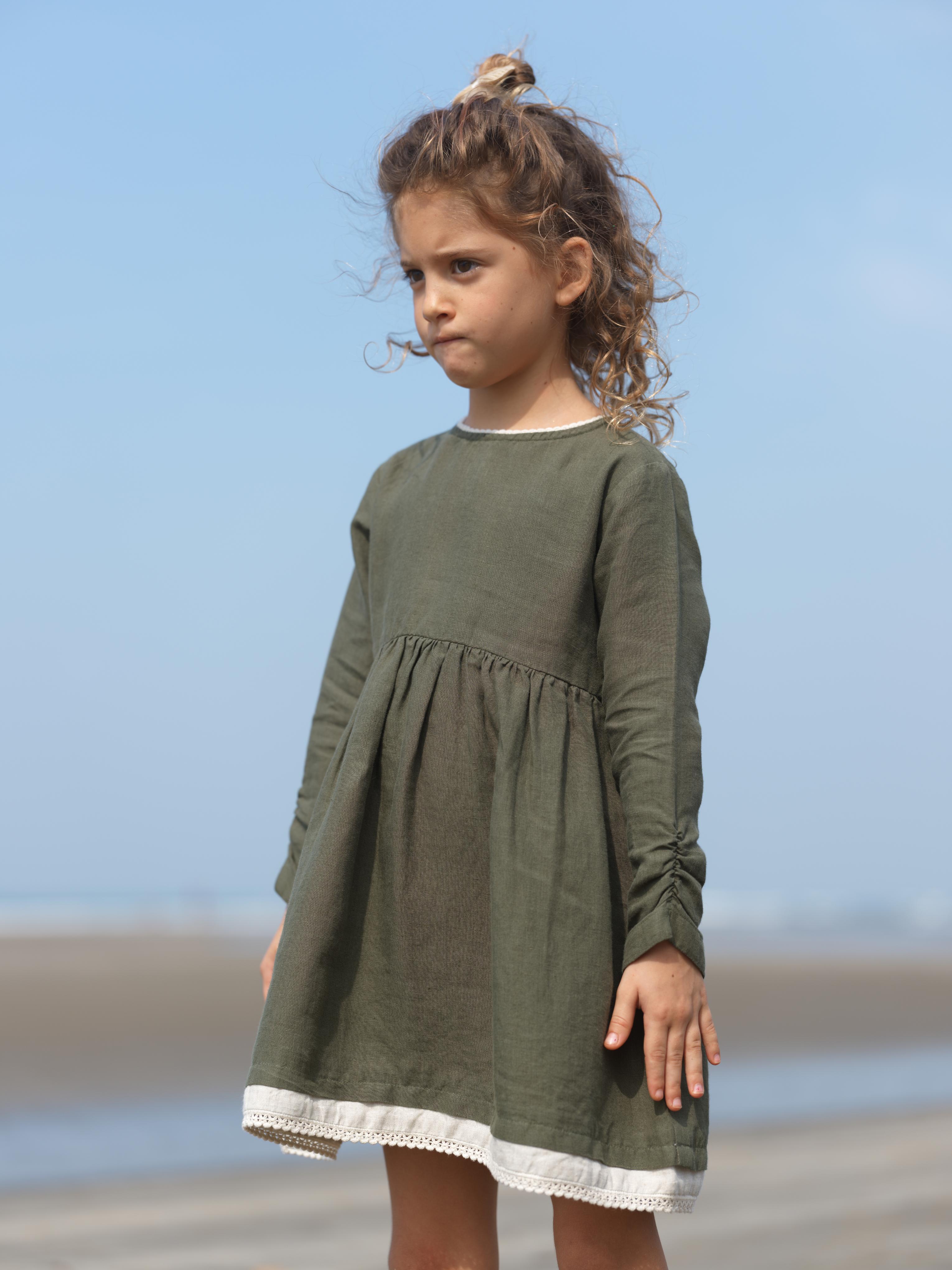 Girl Elastic Long Sleeve Dress Crocodile Green