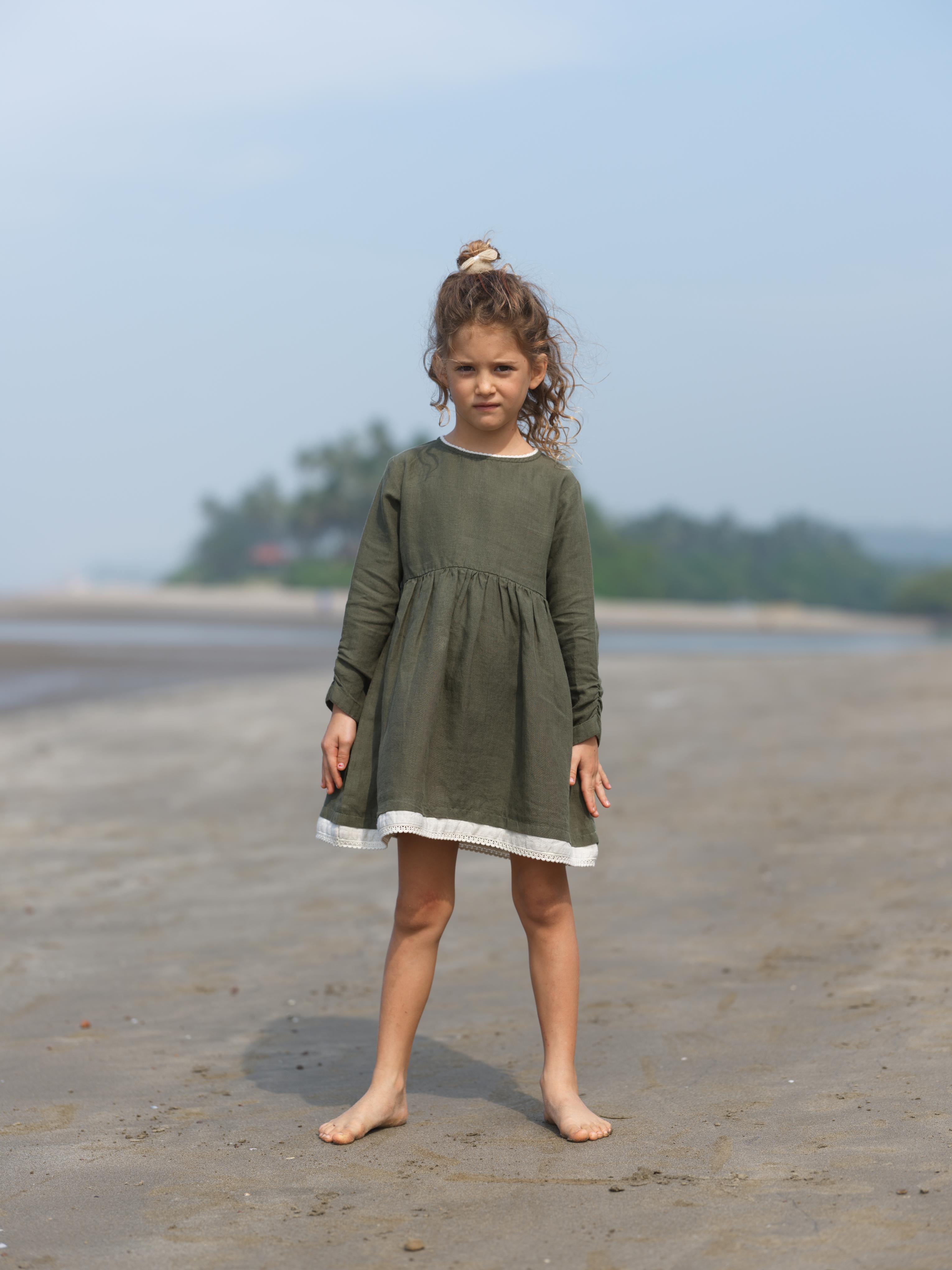 Girl Elastic Long Sleeve Dress Crocodile Green