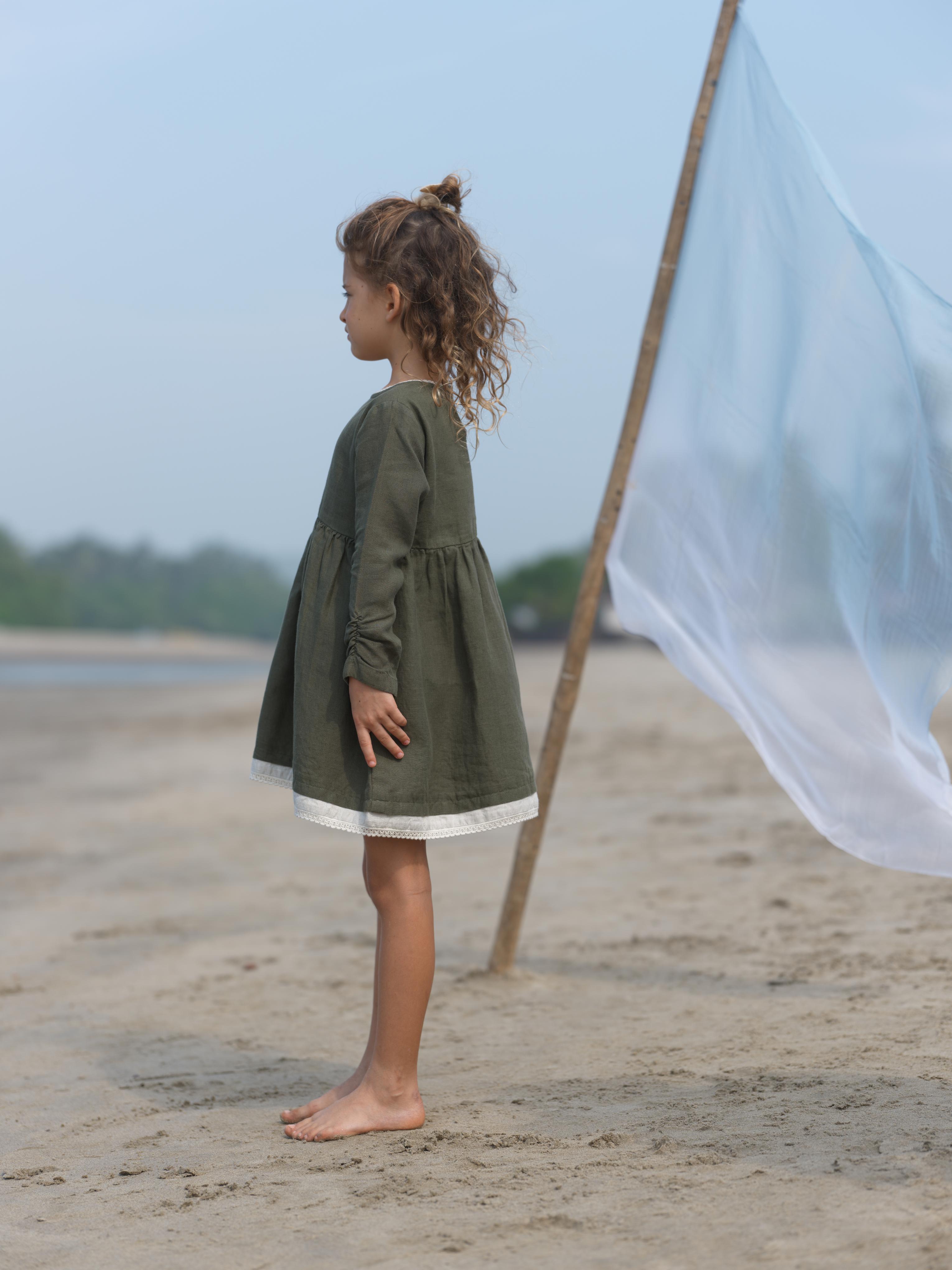 Girl Elastic Long Sleeve Dress Crocodile Green