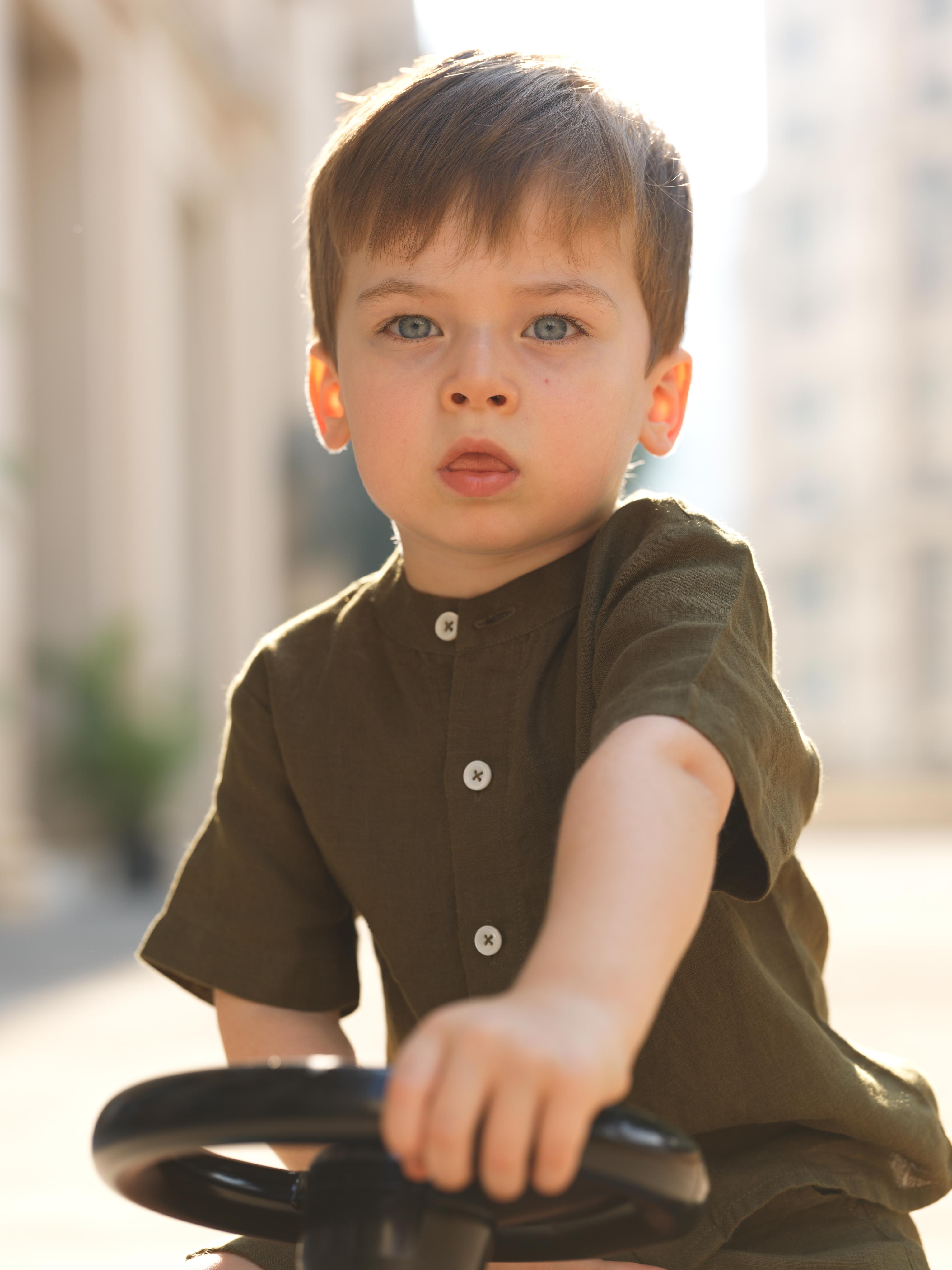 Boys Mandarin Collar Shirt & Shorts Co-Ord Army Green