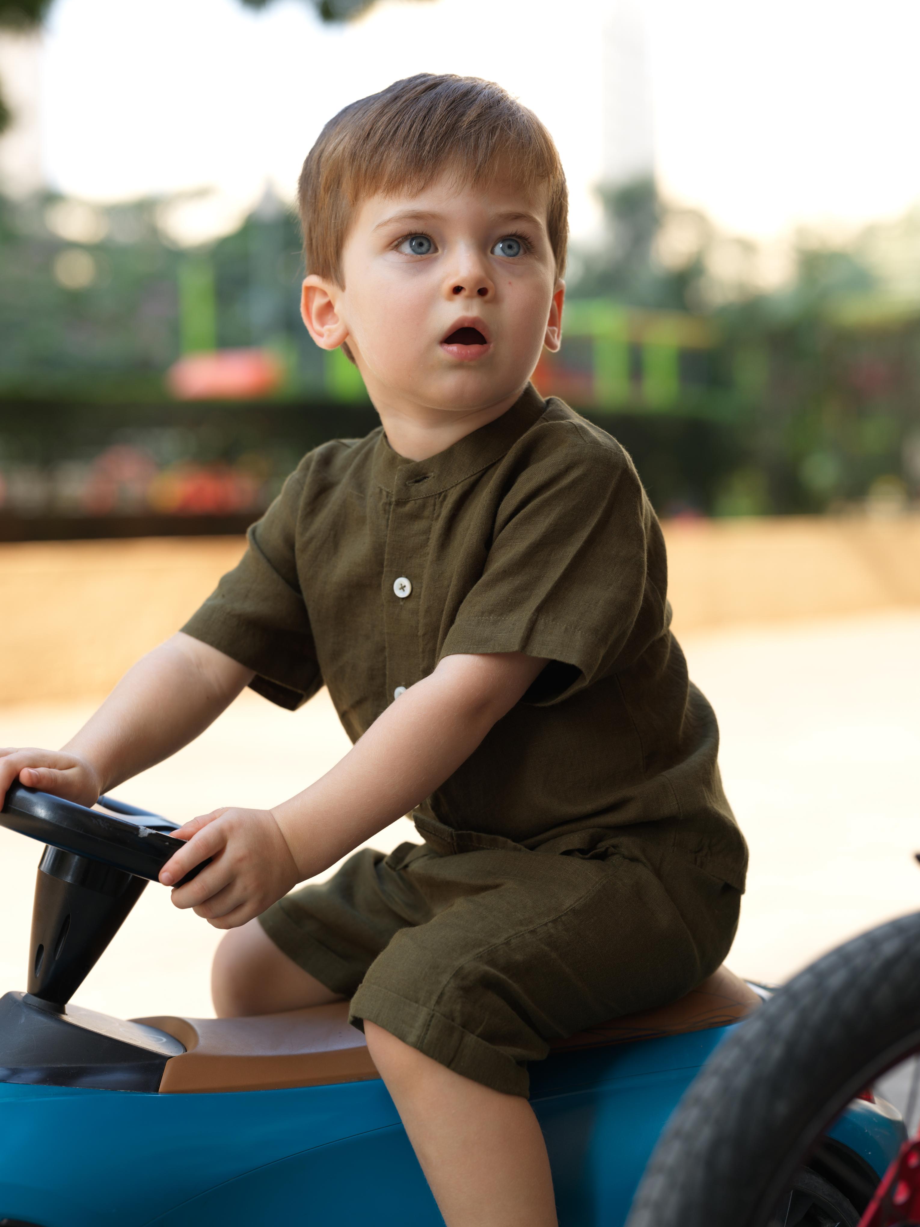 Boys Mandarin Collar Shirt & Shorts Co-Ord Army Green