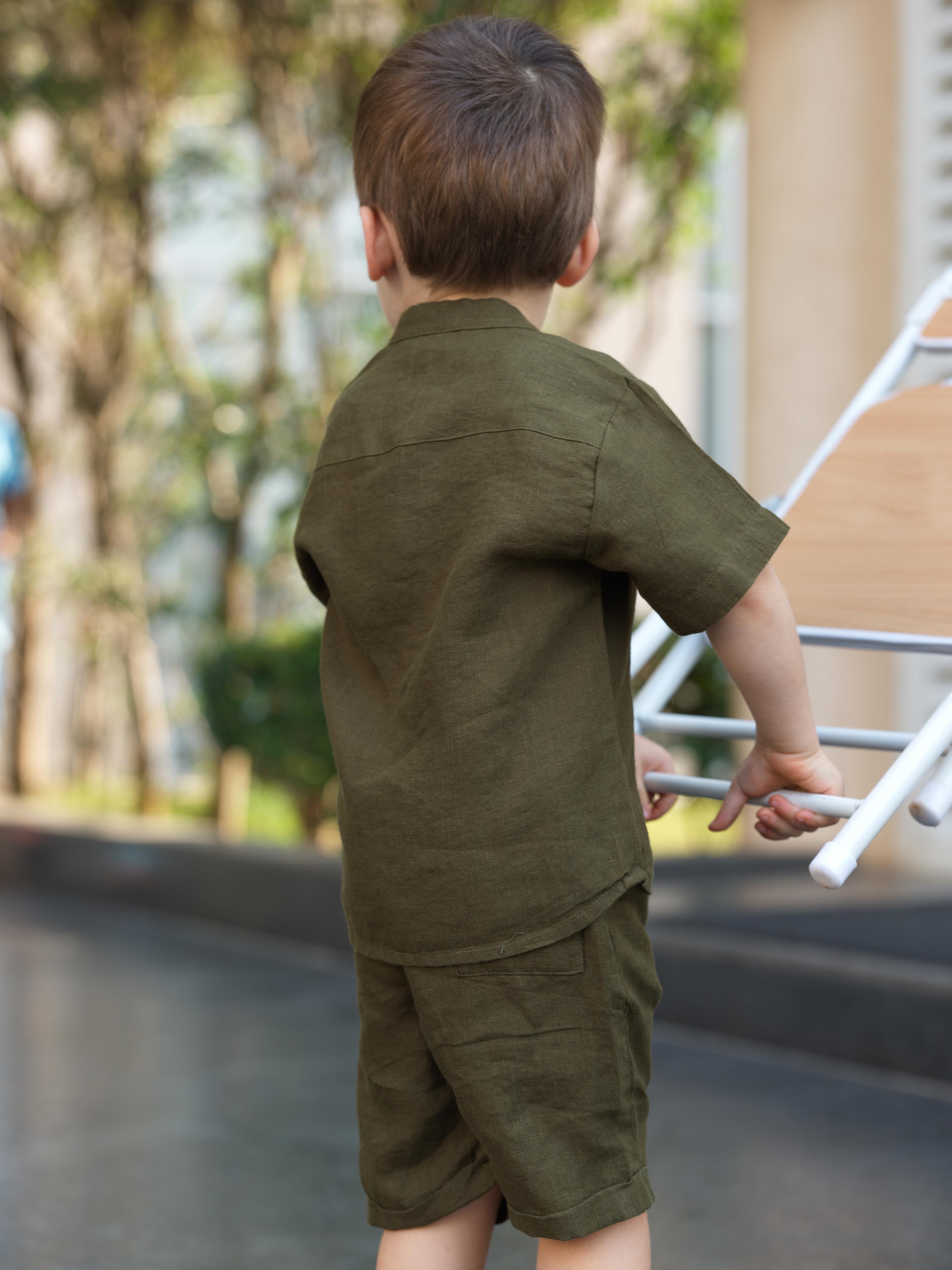 Boys Mandarin Collar Shirt & Shorts Co-Ord Army Green