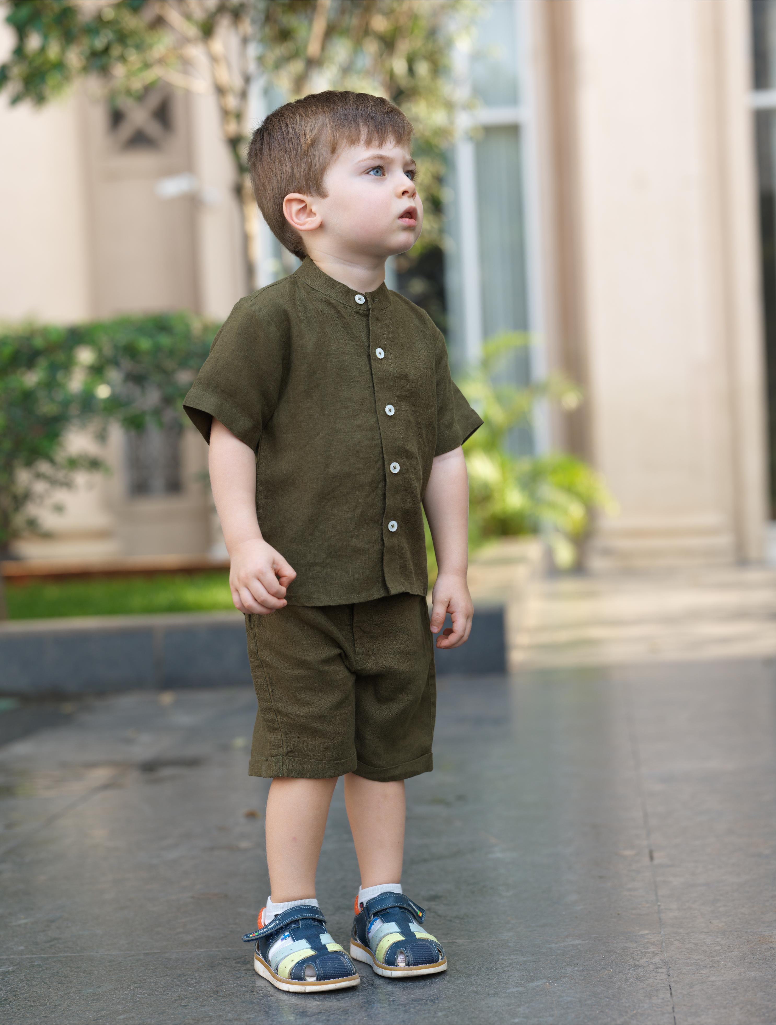 Boys Mandarin Collar Shirt & Shorts Co-Ord Army Green