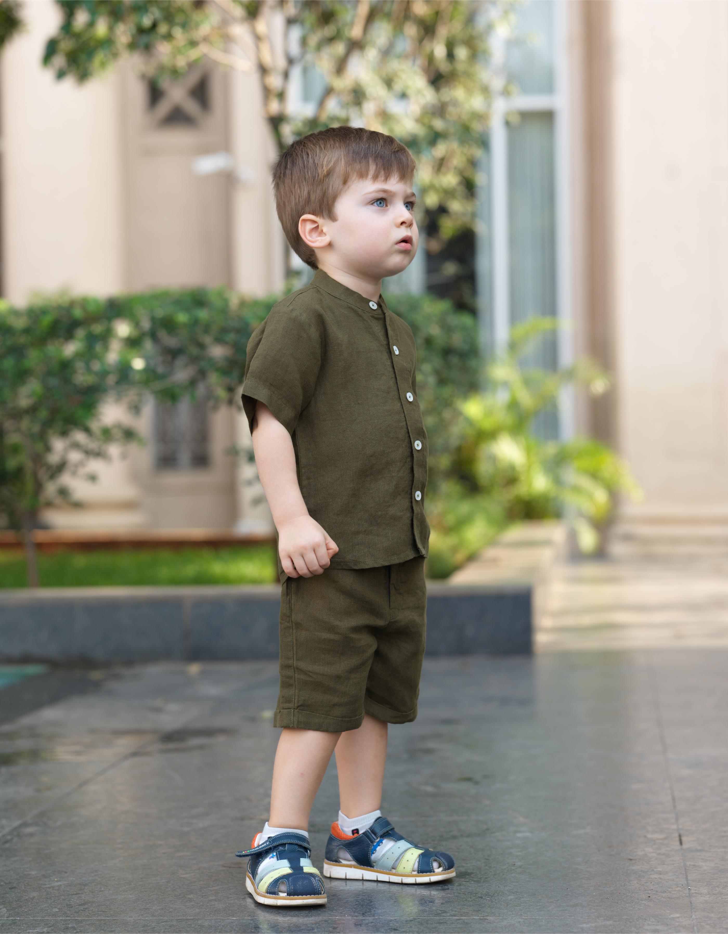 Boys Mandarin Collar Shirt & Shorts Co-Ord Army Green
