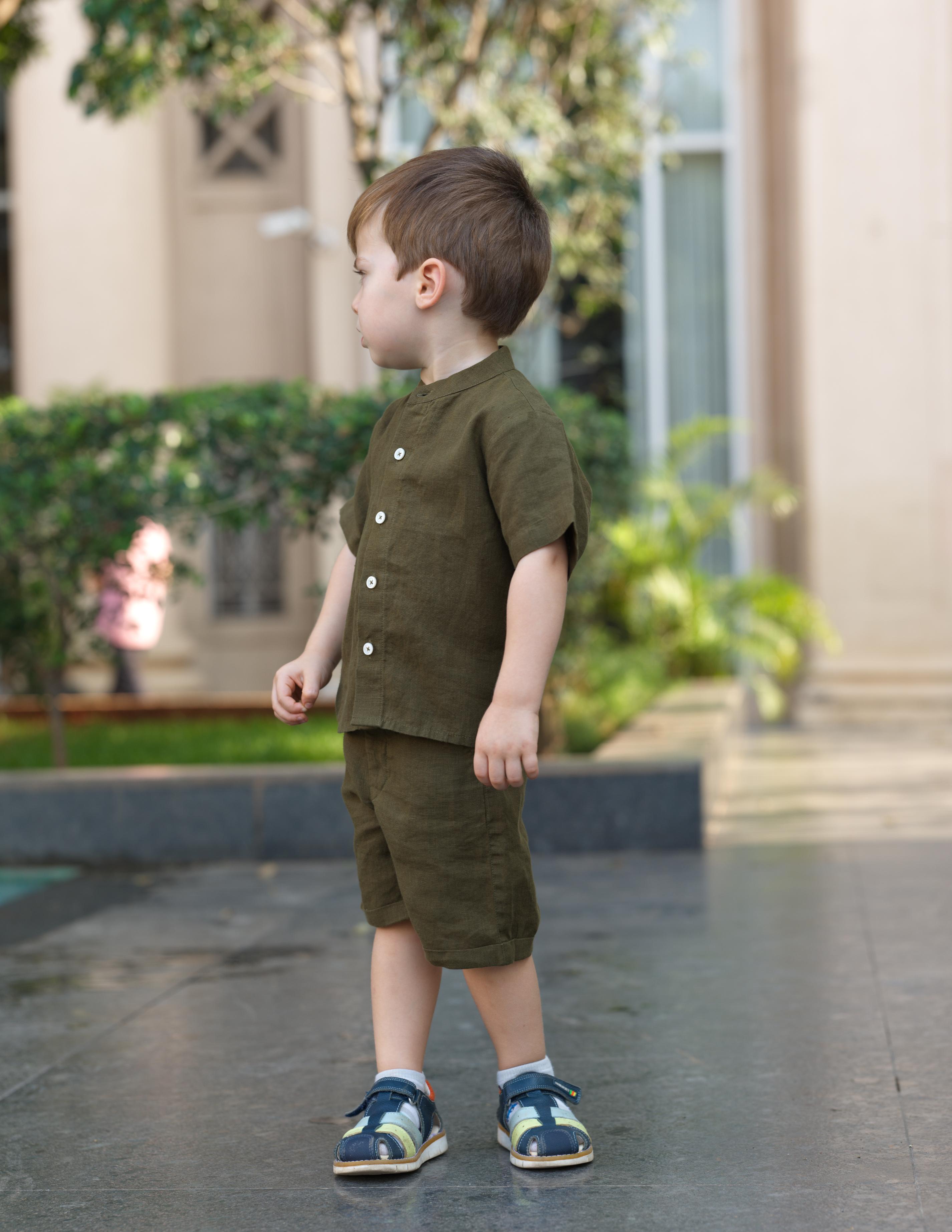 Boys Mandarin Collar Shirt & Shorts Co-Ord Army Green